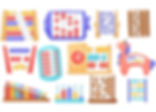 Twelve coloured abacus tools in different shapes.