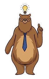 Drawing of bear mascot of Flying Minds Education Centre wearing a tie and with right hand up pointing above.