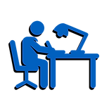 Logo of a person seating by a desk with lamp on the desk